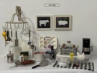 overall view of all kitchen items and decor on table