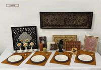 Overall lot showing mirror, metal tray, table settings, decor pieces