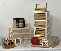 Group shot of crates in shelf, pie plates, accessories