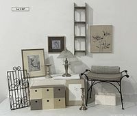 Group shot of entire lot including bench, lamp, wall cabinet, magazine rack, cubbies, artworks, candlesticks, shower curtain