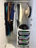 Overall closet view showing hanging coats, jackets, hats, weekender bag on shelf, drawers of folded garments