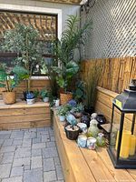 Entire grouping of faux plants, planters, lanterns and crackle glass bottles on patio bench