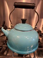 Left-front view of teal Le Creuset kettle on stove