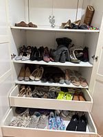 Cabinet shelves showing multiple rows of women’s shoes in varied styles and colours
