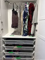 Wardrobe interior showing hanging dresses, robes and folded clothing in mesh drawers
