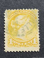 Front view of 1870 Canada 1¢ Small Queen stamp showing portrait, denomination and cancel