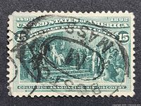 Front of 1893 15-cent Columbian Exposition stamp showing design, denomination and cancellation
