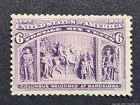 Front of 1893 6¢ stamp, design and denomination visible