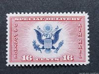 Front of 1936 16¢ Air Mail Special Delivery stamp showing red frame and blue Great Seal design