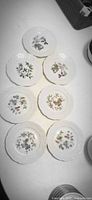 Seven white porcelain plates showing botanical designs and embossed rims