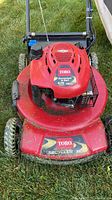 Top view of Toro Recycler 22 mower deck, engine cover and wheels
