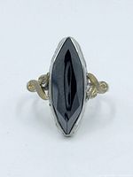 Front view of hematite sterling silver ring showing stone and gold accents