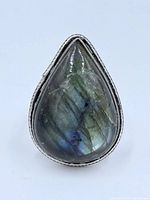 Front view of labradorite ring showing gemstone and bezel