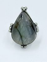 Front view showing pear-shaped labradorite and silver bead accents