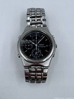 Front view of Seiko chronograph watch showing dial and bracelet