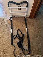 Full view of bed rail showing under-mattress legs, contoured handle, safety straps