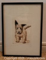 Entire framed print showing dog portrait, black frame, white mat, under glass