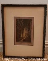 Full view of framed etching with mat and frame