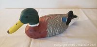 Left-side view of carved wooden mallard drake decoy