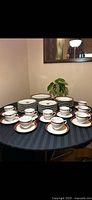 Full set arranged on table showing bowls, plates, cups and saucers