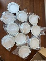 All eleven LED retrofit recessed lights in plastic bags on tabletop