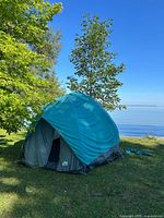 Tent pitched on grass near water, full view shows teal rainfly and dome structure