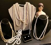 All necklaces displayed on three stands with earrings box and bust in background
