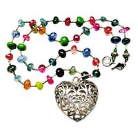 Full view of multicolour gemstone necklace with sterling heart pendant