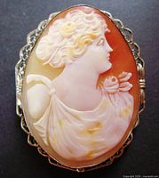 Front view of cameo brooch showing carved female profile and silver frame