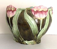 Front view of majolica jardiniere showing tulip motif