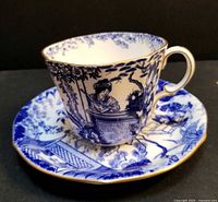 Cup on saucer showing overall pattern and gilt edging