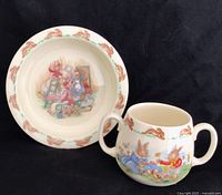 Front view of Bunnykins bowl and two-handled mug