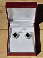 Earrings front view in open box showing blue centers and clear halo