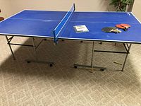 Full view of blue Halex table with net, paddles and paperwork on surface