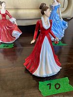 Front three-quarter view of Royal Doulton Jingle Bells figurine, red and white gown