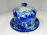 Front view of blue transferware covered dish