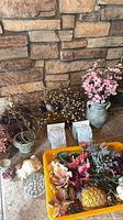 Group shot showing corbels, florals, figurine, flower frog, basket of picks