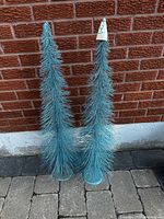 Both teal bottle-brush trees side by side against brick wall