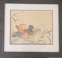 Full view of framed Chinese silk painting of two mandarin ducks