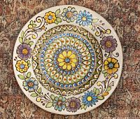 Full view of hand-painted ceramic plate showing entire decorative design