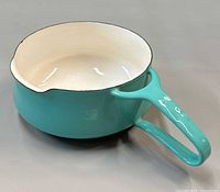 Top angled view showing turquoise exterior, white interior, handle and spout