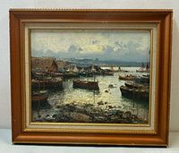 Full view of framed harbor scene painting