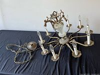 Full view of chandelier showing bronze arms, glass column, chain, canopy, bulbs