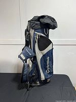 Full view of TaylorMade stand bag left side showing logo, pockets, rain hood