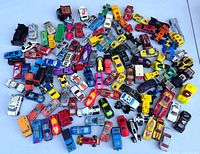 Overhead view showing entire assortment of small vehicles spread out