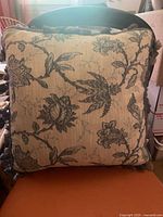 Front view of square pillow showing full floral pattern and fringe