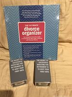 Front view of shrink-wrapped divorce organizer book and two grey ceramic piggy banks