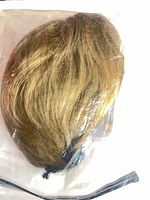 Hairpiece sealed in clear plastic bag showing color blend and length