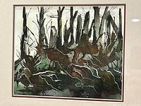 Close view of artwork showing forest scene and medium