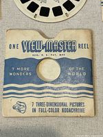 Front of cardboard sleeve marked “One View-Master Reel – 7 three-dimensional pictures in full-color Kodachrome”.